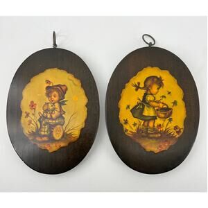 VTG. Hummel Art Boy and Girl Decoupage Plaques 2 Wood Oval Boy Cat Girl Flowers